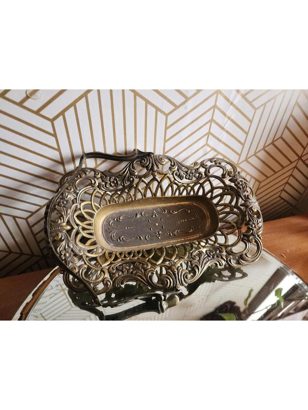 Vintage Ornate Italian Gold Brass Bread/Bridal Basket With Handle Rococo Style